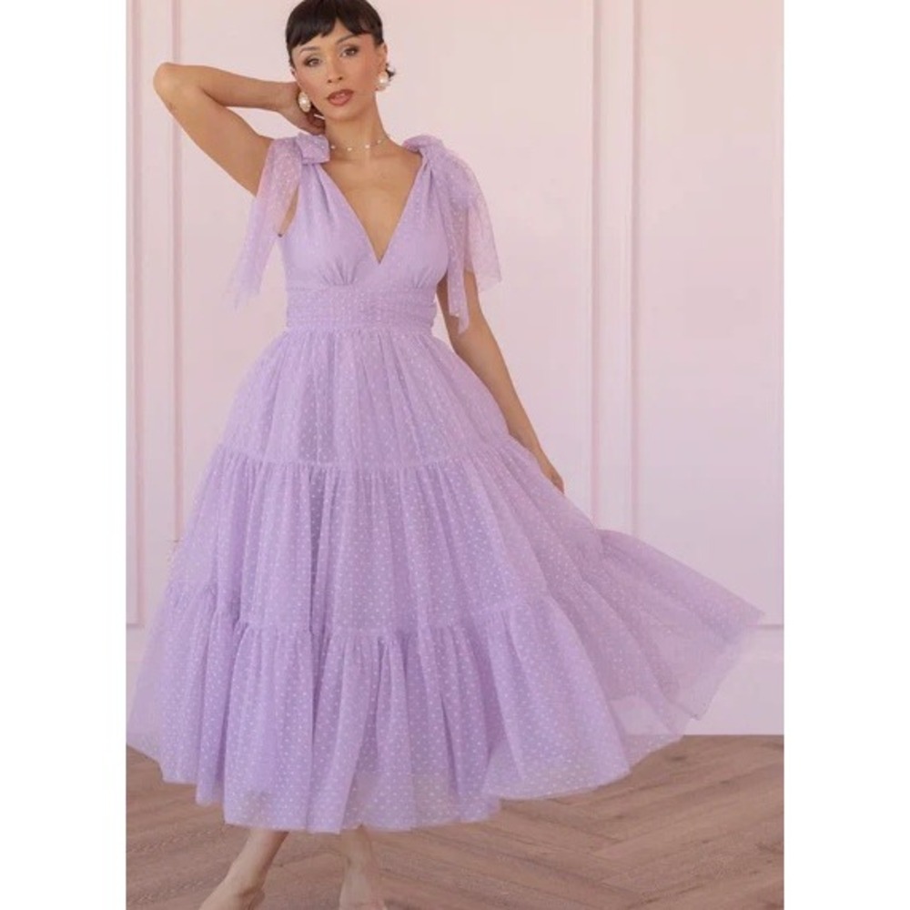 JessaKae Jeanne Dress Plus Size 4X Lavender Purple Swiss Dot Tulle Tiered Midi